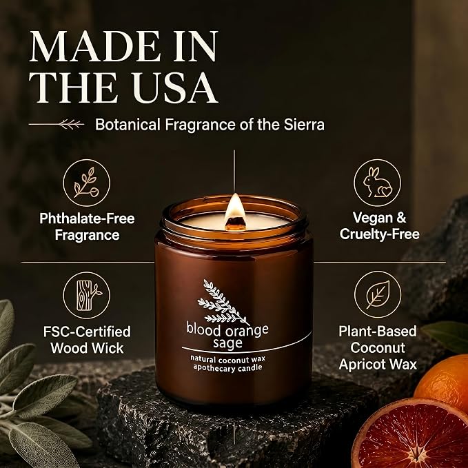 Hemlock Park Blood Orange Sage Apothecary Scented Candle | Crackling Wood Wick, Botanical Fragrance & Coconut Apricot Wax | Up to 60 Hour Burn Time | 8 oz | Made in USA