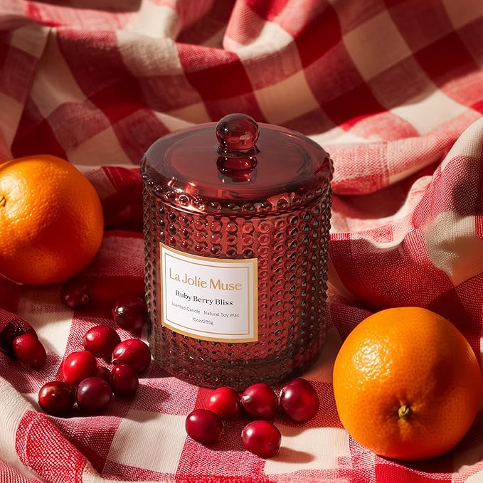 LA JOLIE MUSE Ruby Berry Bliss Scented Candle| Mandarin, Cranberry & Plum | 10 oz Festive Candle | 55 Hours Clean Burn | Gift for Hosts & Gathering | Elegant Home Decor