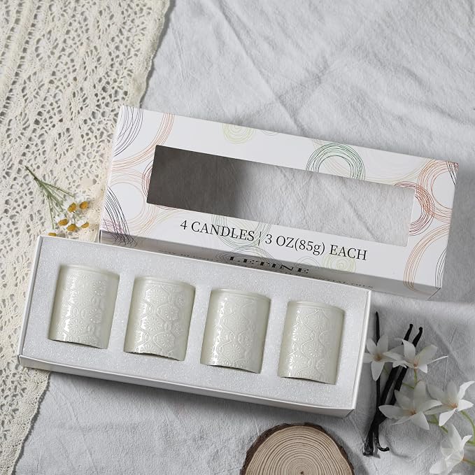 LETINE 12 oz Vanilla Soy Wax Candle Gift Set (Pack of 4) - Small Votive Candles for Women, All-Natural Aromatherapy Candles, 24H Burn Time Each, Spa Yoga Birthday Valentine's Day Gifts for Mom & Girls