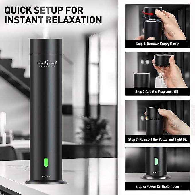 Wireless Aroma Diffuser Scent Oil - Home Luxury Portable Scent Diffuser - Remote Control Waterless Diffuser - 1000 sq. ft Coverage - Essential Oil 20ml Sample Pack Included - Aromatherapy (Silver)