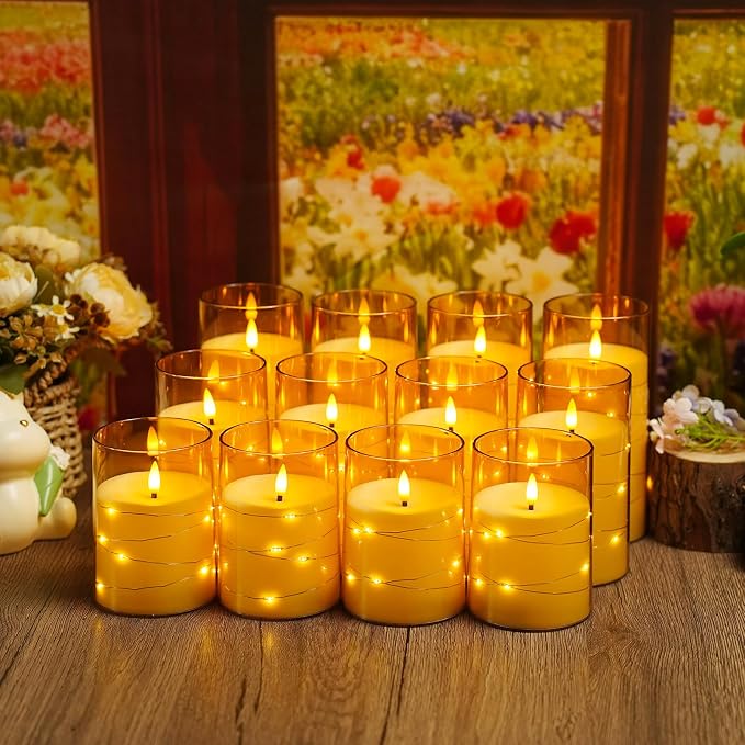 kakoya Flameless LED Candles with Timer 12 Pc Flickering Flameless Candles for Romantic Ambiance and Home Decoration Stable Acrylic Shell,with Embedded Star String，Battery Operated Candles(Gold)