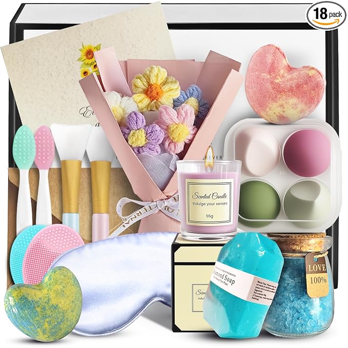 18PCS Spa Gift Set for Women – Self Care Package with Bath Bombs, Face Scrubbers, Makeup Sponges & Eye Mask – Get Well Soon Gift for Mom, Sister, Best Friend