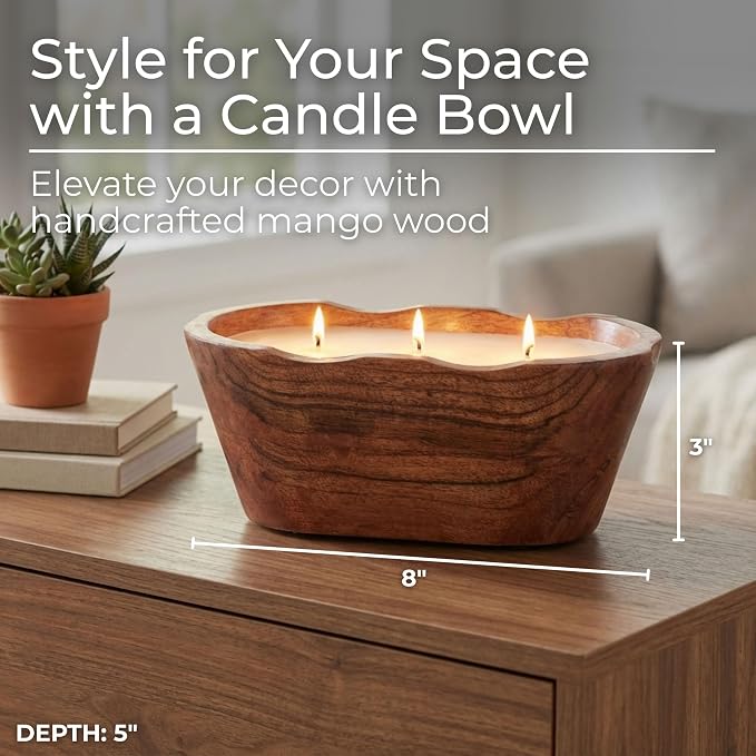Oval Wood Bowl with Vanilla Scented Candle for Men or Women - Decorative Small Accent for Indoor and Outdoor Areas - Small Pillar or Votive Candle for Living Room, Bedroom, or Bathroom - 4", Brown