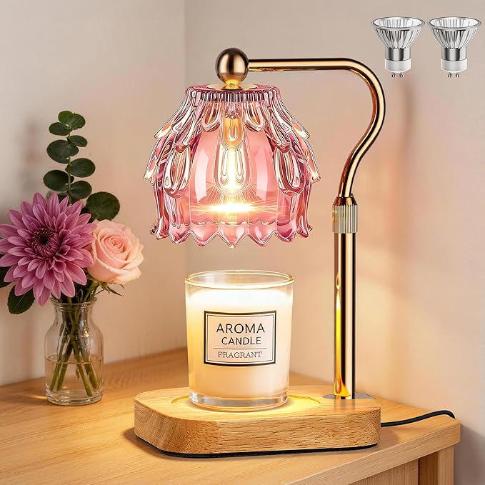 Candle Warmer Lamp with Timer Dimmer, Modern Wax Warmer for Scented Wax Jar Candle Warmer with 2 Bulbs, Adjustable Height Glass Lamp for Gifts for Women, House Warming Gifts, Home Decor, Gold Pink