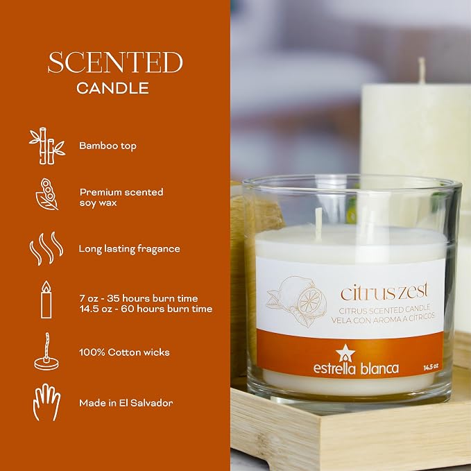 Citrus Zest Candle – 14.5oz Soy Wax Scented Candle with Bamboo Lid, Long-Lasting 60-Hour Burn for Home, Gifting & Everyday Freshness