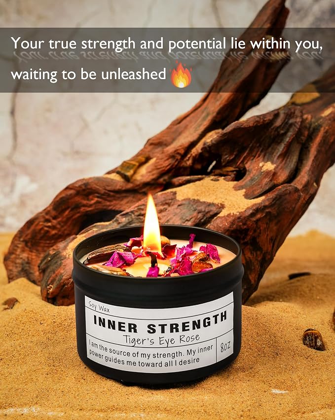 Inner Strength Soy Candle, Vegan Confidence, Focus Crystal, Empowerment Intention Gift, Grounding Meditation Candle. (8oz)