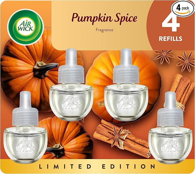 Air Wick Plug-In Scented Oil Refills, 4 Count, Pumpkin Spice, Air Freshener, Essential Oils, Eco Friendly