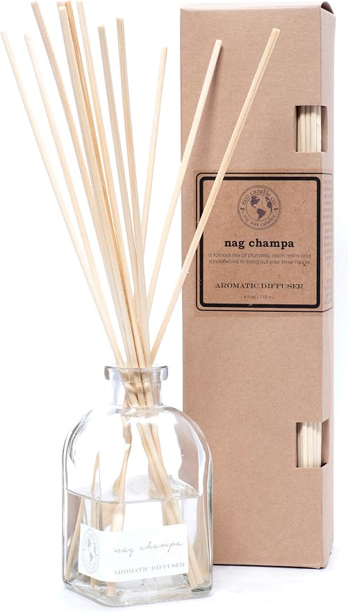 ECO CANDLE CO. Reed Diffuser Set, Nag Champa, 4 oz. - Scents of Plumeria, Asian Resins, & Sandalwood - Premium Fragrance and Essential Oil Blends, Clear Glass, 12 Reed Sticks, Recycled Kraft Box