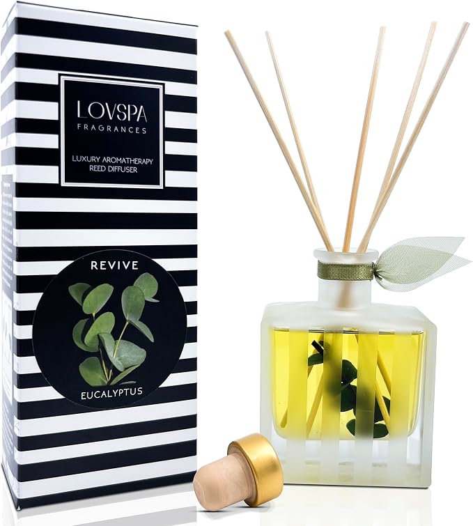 Reed Diffuser Set, Revive Eucalyptus Scented Oil Diffuser with Sticks, Home Fragrance Accessories for Bathroom Shelf Decor, Aroma Diffusers for Home or Office Desk, USA Made