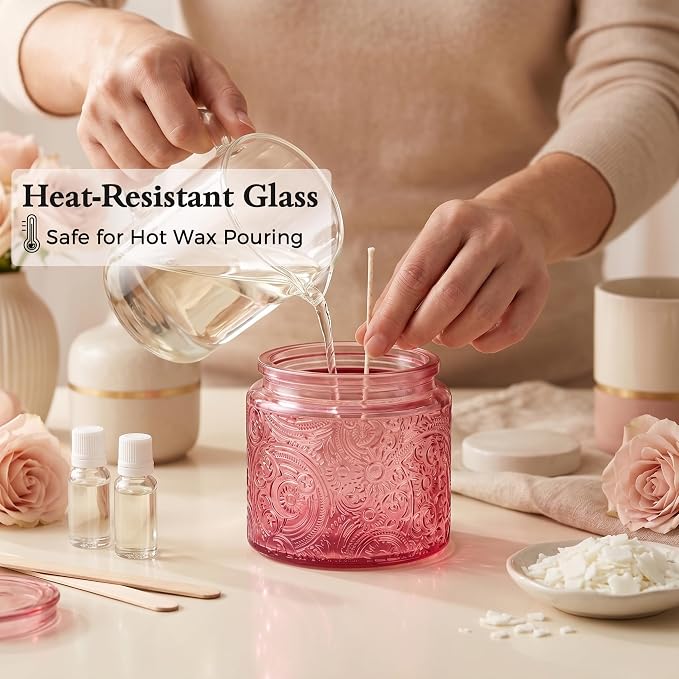 10 oz Pink Sun Moon Stars Candle Jars with Metal Lids, 9 Pack | Patented Embossed Design, Includes Wick Centering Devices & Warning Labels, Multiple Color Options