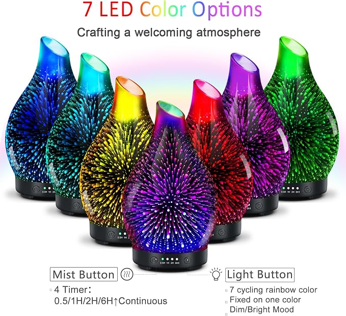 Essential Oil Diffuser 150ML -3D Firework Glass Aromatherapy Diffusers for Essential Oils with 4 Timer Setting Auto Shut-Off Silent Operation 7 Colors Lights Changing, Mothers Day for Room, Office