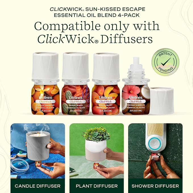 ClickWick Essential Oil Blends for Lifelines Diffusers, 4-Pack Sun-Kissed Escape - Essential Oil Blend Refill for Candle, Plant & Shower Aromatherapy Diffuser - Fragrance for Diffusers