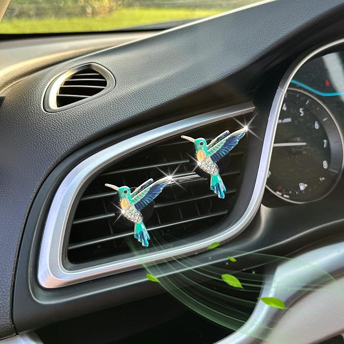 ORIESSE Hummingbird Air Vent Clip Car Air Freshener 2pcs Bird Bling Car Accessories Refillable Car Diffuser Outlet Clips for Women Teens,Cute Blue Car Decor