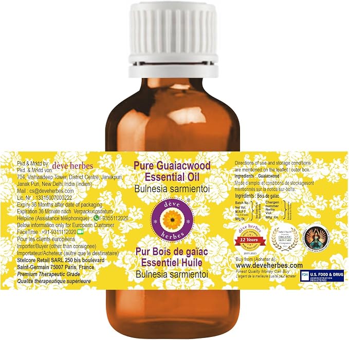 Deve Herbes Pure Guaiacwood Essential Oil (Bulnesia sarmientoi) Steam Distilled 30ml (1 oz)