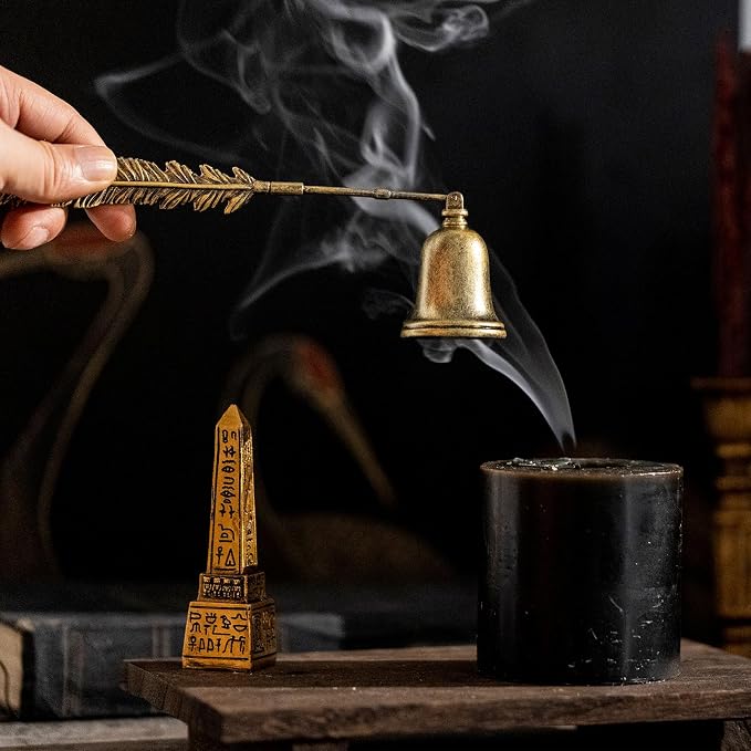 AIM & GGKK Vintage Bronze Feather Candle Snuffer Extinguisher - Long Handle with Bell-Shaped Cap, Decorative Candle Accessory for Smoke-Free Extinguishing