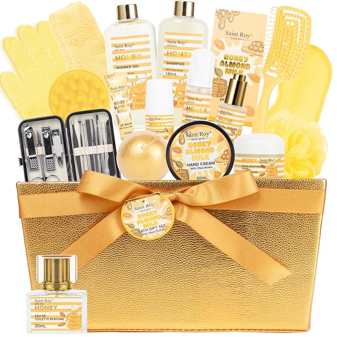 34 Pcs Skin care kit Spa Gift Set for Women & Men, Honey & Almond Milk Bath & Body Gift Basket, Face Skin Care Kit with Shower Gel, Self-Care Manicure, Birthday, Christmas, Mother Day, Anniversary