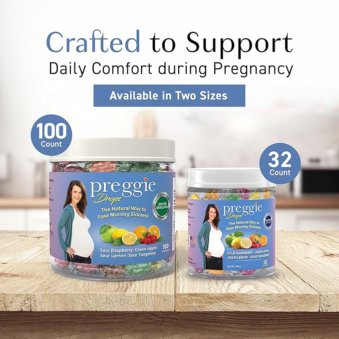 Preggie Drops Pregnancy Nausea Lozenges with Essential Oils & Fruit Extracts, Morning Queasiness Lozenges for Pregnant Women, Natural Sour Drops Variety Pack, 32 Count