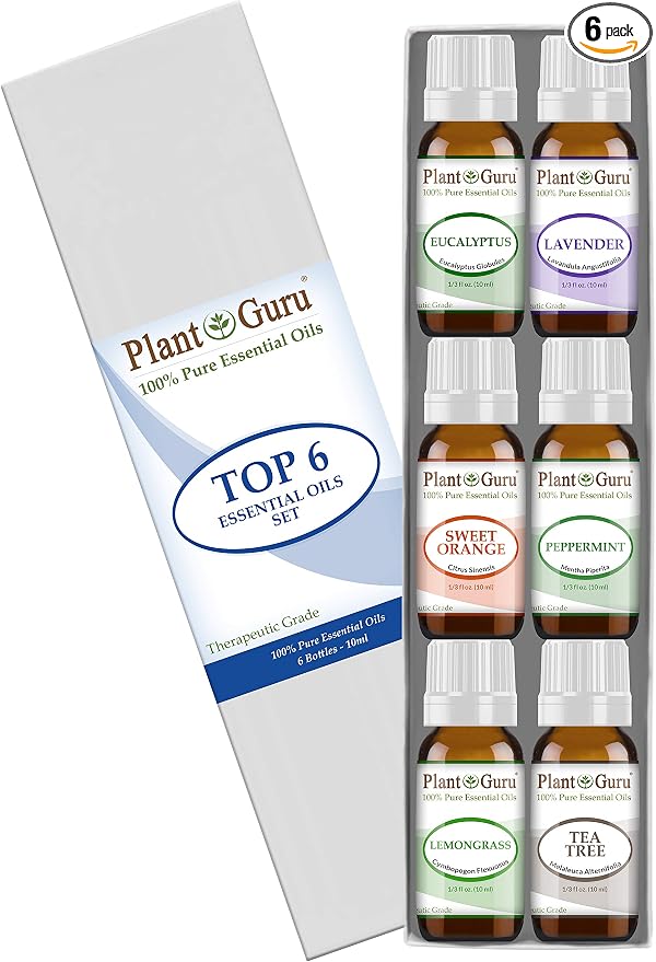 Essential Oil Set 6-10 ml Therapeutic Grade 100% Pure Tea Tree, Lavender, Eucalyptus, Lemongrass, Peppermint & Sweet Orange. for Skin, Body and Aromatherapy Diffuser