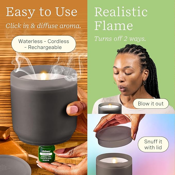 Lifelines Flameless Candle Aromatherapy Essential Oil Diffuser with 2 ClickWick Essential Oil Blends - Cordless & Waterless Diffuser for Home - Scented Electric Candles Blow Out Flame – Charcoal