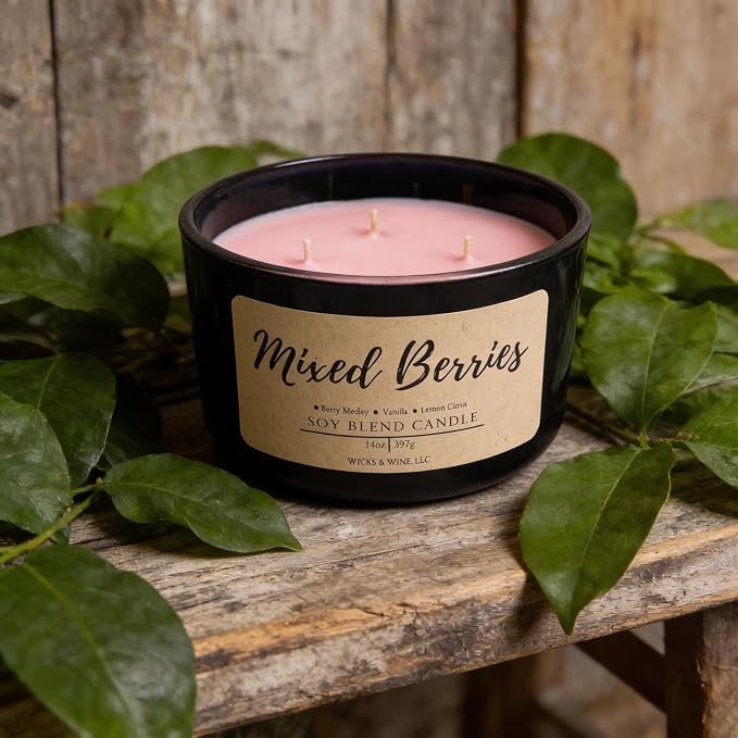 Wicks & Wine Soy Blend 3-Wick Cotton CORE Candle 14oz (Mixed Berries)