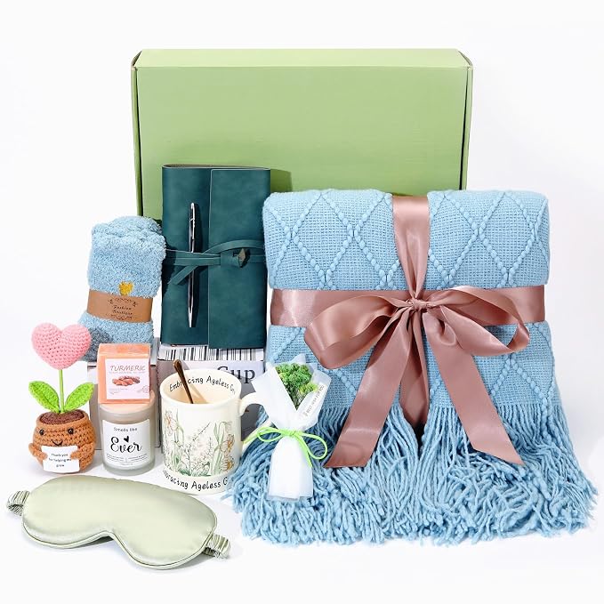 Sending Hugs Self-Care Gift Basket, Spa Relaxation Gifts for Women Her - Cozy Plush Throw, Inspirational Mug, Scented Candle & Journal for Get Well Soon, New Mom, Best Friend, Birthday (Aqua)