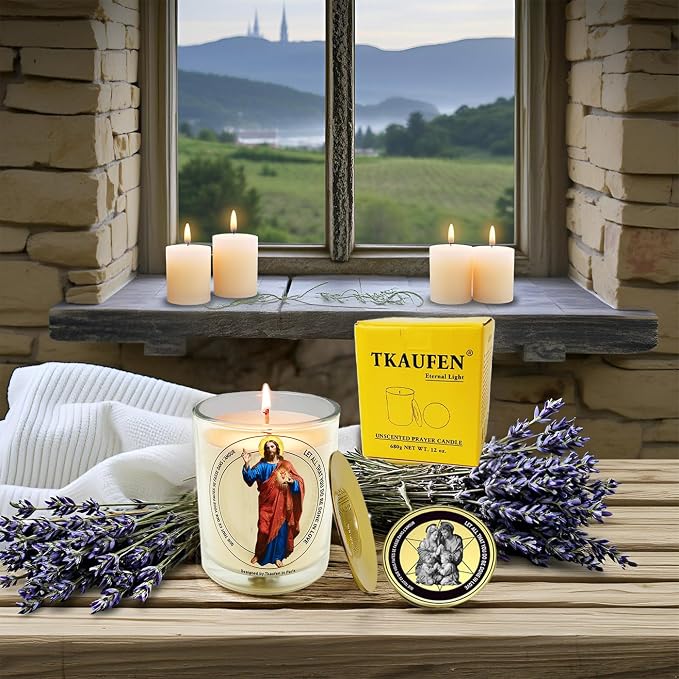 Sacred Heart of Jesus Candle, 50 Hours with Warmer Ring│Hand-Poured Soy Wax│Family Protection, Success, Redemption, Healing, Forgiveness, Prenatal Blessing│Design in Paris│3“×3.6”