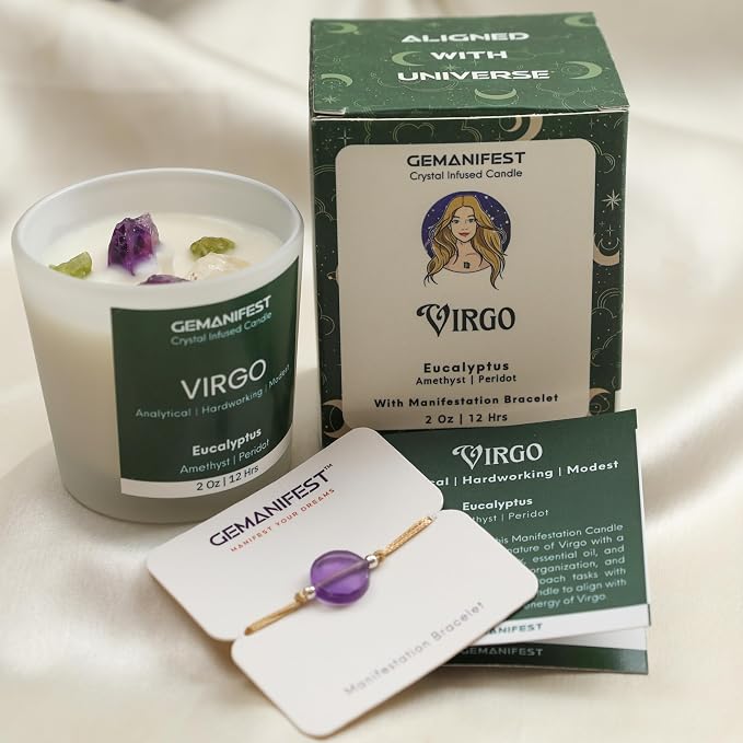 Virgo Crystal Candle with Zodiac Bracelet Virgo Gifts for Men Women Eucalyptus Soy Candles for Home Scented Birthday Astrology Gifts for Candle Lovers Spiritual People