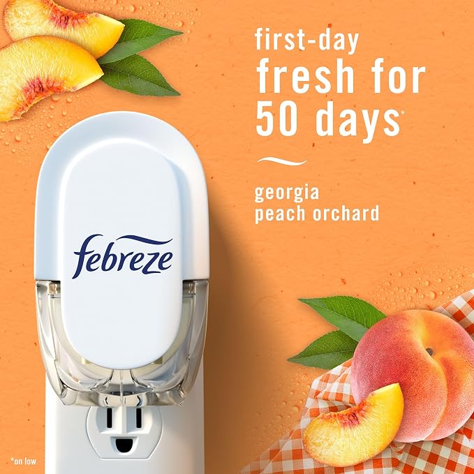 Febreze Plug In Air Freshener, Odor-Fighting Scented Oil Refill, Air Fresheners for Home and Bathroom and Kitchen, Long Lasting for Strong Odors, Juicy Summer Peaches Scent, 0.87oz Refills, 4 Count