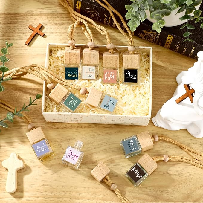 Teenyyou 10 Pcs Christian Appreciation Gifts for Church Christian Car Hanging Ornament Empty Glass Essential Oil Diffuser Religious Inspirational Biblical Gifts for Women School Church Supplies