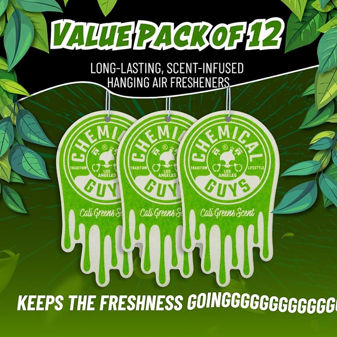Chemical Guys Hanging Car Air Freshener 12-Pack, Cali Greens Premium Fresh Floral & Refreshing Green Fragrance, Rearview Mirror Paper Fresheners for Cars, Trucks, SUVs, RVs & Boats