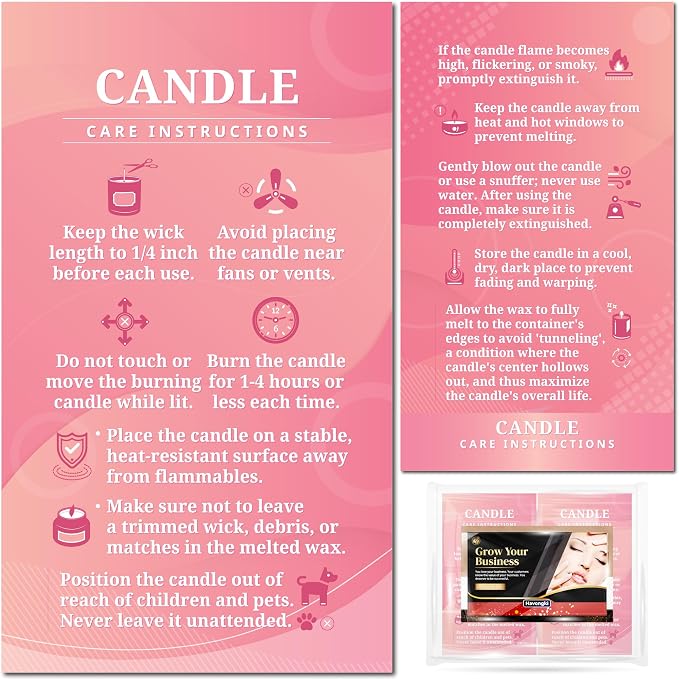 200 pack - Premium Handmade Candle Care Instruction Cards Pink 2x3.5 in, Small Business | Soy Bees Wax Melt, Candle Makers, Making Supplies Kit Set, Containers, Jars, Pot, Package
