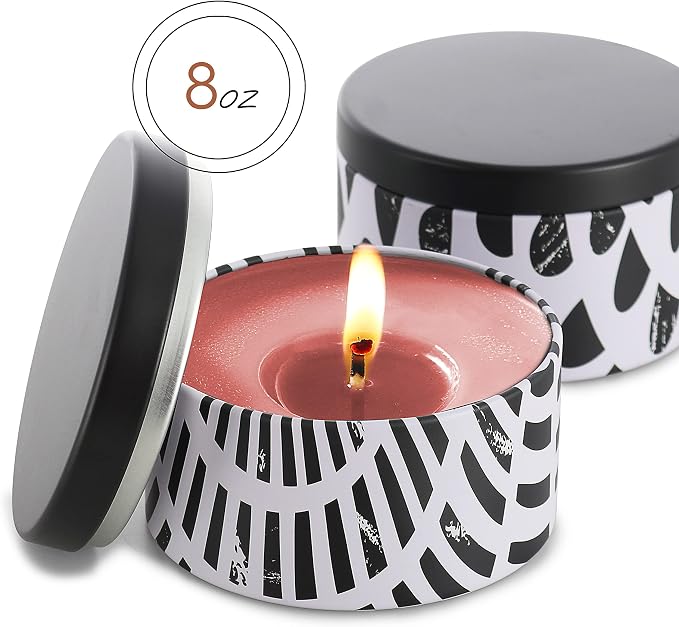 Hearth & Harbor Tin Candle Jars for Making Candles - DIY Candle Containers with Lids - Metal Candle Jars - Bulk Tins Storage for Candle - (12 Pieces) - (8 Ounces) - Black and White Abstract