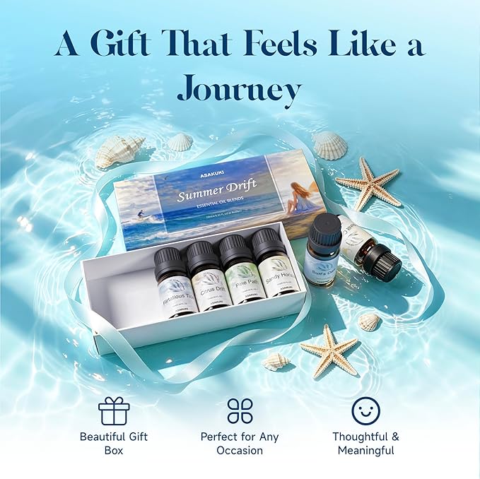 Summer Essential Oils Set for Diffuser, ASAKUKI Tropical Home Fragrance Oils for Women, Beach-Inspired Aromatherapy Diffuser Oils for Bedroom, Bathroom & Living Room