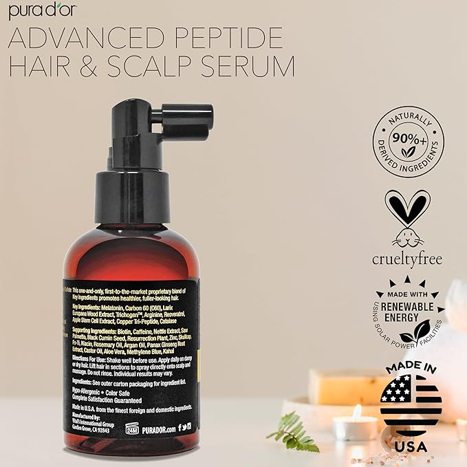 PURA D'OR Advanced Hair & Scalp Serum – For Hair Thinning with Copper Tri-Peptide, Caffeine, Botanical Extract Blend, Fuller Appearance Strands – Vegan, Men & Women 3.3 Oz Hair Regrowth Tonic