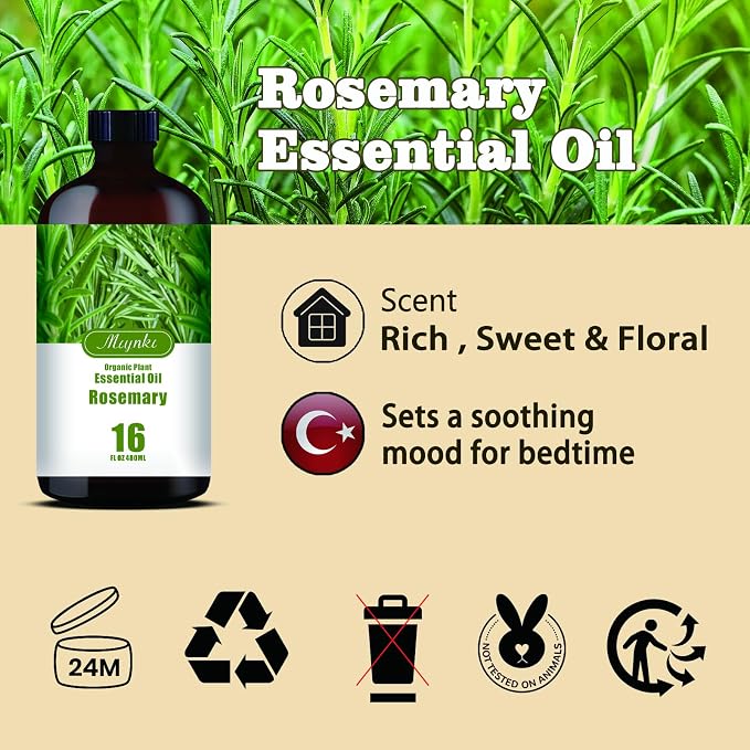 Rosemary Essential Oil, Rosemary Oil for Hair Care, Diffuser, Humidifier, Massage, DIY Soap, Candle, Cleaning, Focus, Gift Ready, Rosemary Fragrance Oil - MLYNKL Essential Oils (16.33 fl oz / 490ml)