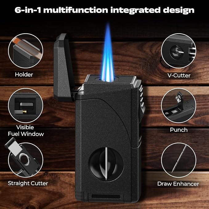 6-in-1 Windproof Triple Jet Flame Butane Torch Lighter with V-Shape Shear,Punch and Hold, Adjustable Refillable Lighter with Draw Enhancer Tool for Candle, BBQ, Camping and Outdoor, Travel Use