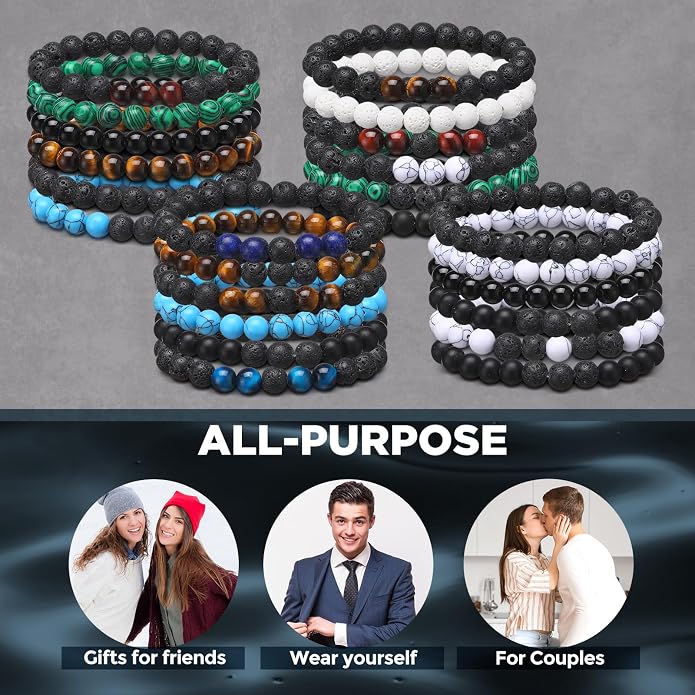 Landical 24 Pcs 8 mm Natural Stone Beads Bracelet Set Tiger Eye Men Stretch Lava Adjustable Onyx Matte Beads Essential Oil Diffuser Bracelet for Men Women Jewelry Gifts