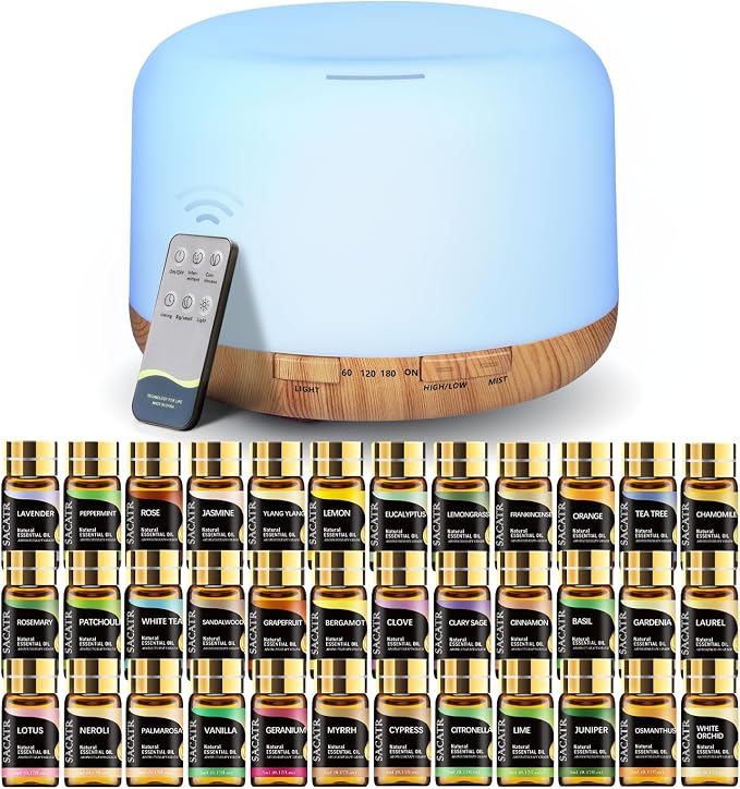 SACATR 500ML Aroma Diffuser for Home, Ultrasonic Quiet Essential Oil Diffuser with 36 Natural Oils, 15 LED Colors, Remote Control & Auto Shut-Off for Home Office Decor Gift