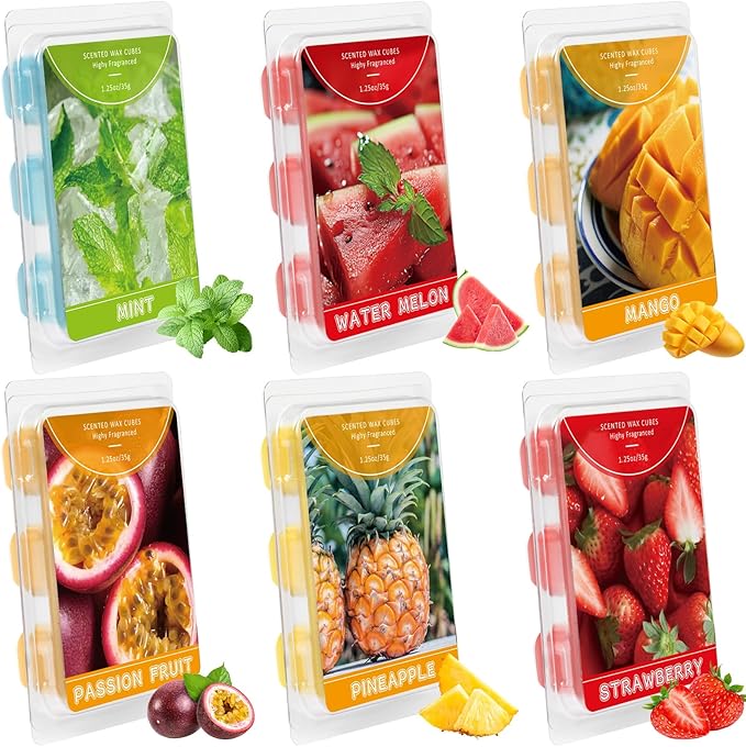 SCENTORINI Wax Melts, Scented Wax Cubes Strong Scent, Summer Scents Soy Wax for Wax Warmer - Pineapple, Watermelon, Strawberry, Mango, Passion Fruit, Mint, 6 Pack