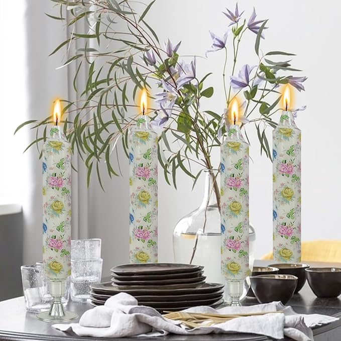 7 inch Short Candle Floral Candle Sticks Printed Candlestick Handmade Unscented Taper Candle 4 pcs Blue Flower Tapered Candles for Home Dinner Wedding Holiday