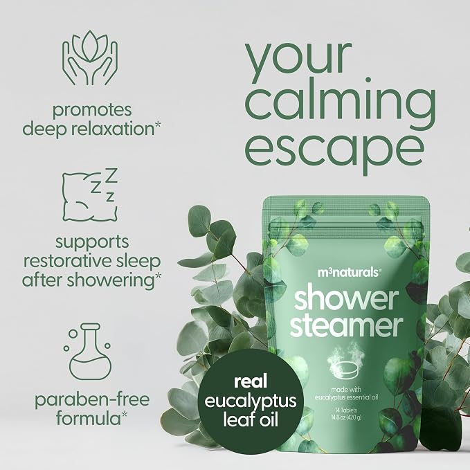 Eucalyptus Aromatherapy Shower Steamers – Supports Sinus Relief, Relaxation, Sleep, and Post-Workout Recovery – 14 Individually Wrapped Essential Oil Tablets by M3