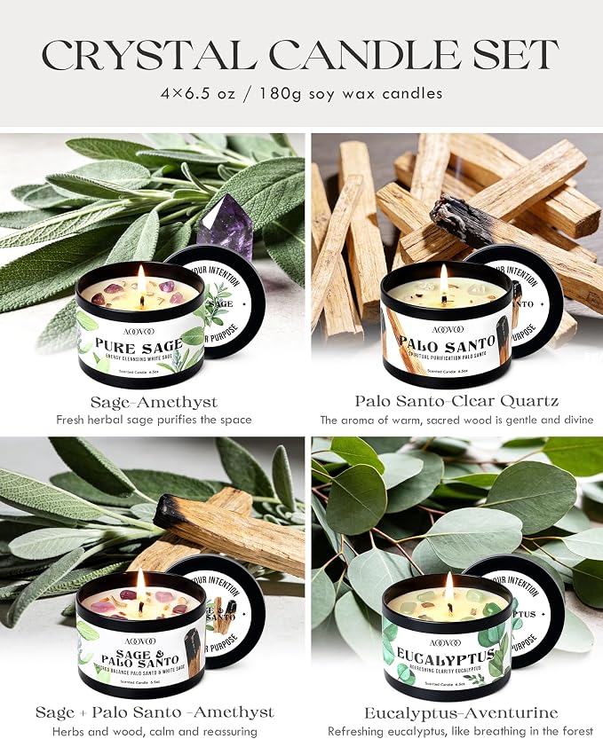 AOOVOO 4 Pack Sage Candles - Sage, Palo Santo, Sage & Palo Santo, Eucalyptus Mint Candle Set with Crystals & Decor, 26oz 200 Hours Long Lasting, Non Toxic Candles for Spiritual House Energy Cleansing