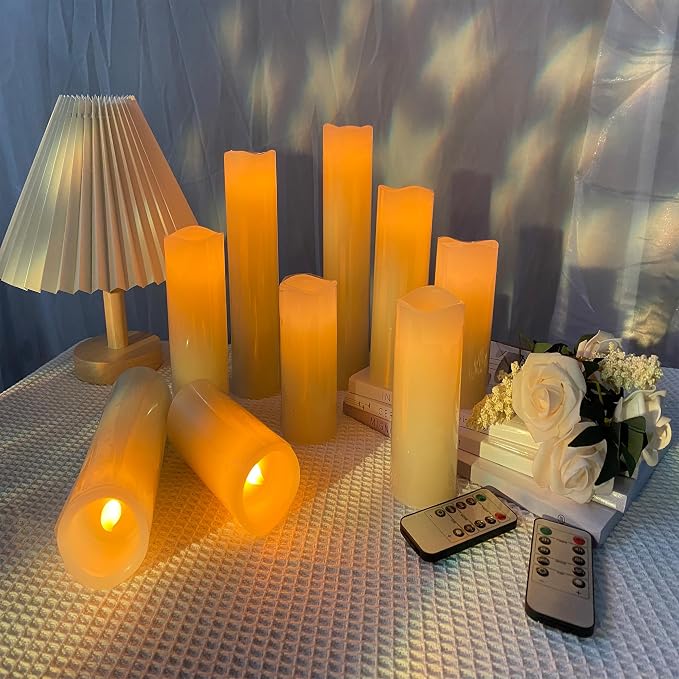 OSHINE Flameless Battery Operated Candle, LED - Set of 9 Flickering Pillar with 10-Key Remote & 24 Hours Timer, Ivory Real Wax Candles for Home Decor