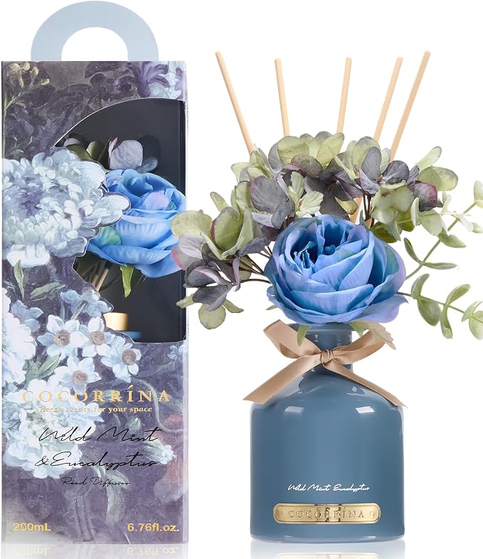COCORRÍNA Reed Diffuser Set, 6.7oz Flower Reed Diffuser with Sticks,Wild Mint & Eucalyptus Essential Oil, Long Lasting Home Fragrance for Bathroom, Bedroom & Shelf Decor, Aesthetic Gift for Women