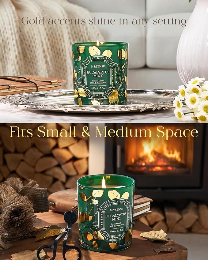 M&SENSE Eucalyptus Mint Soy Candle, Spa Breathing Long Lasting Gift | Cool Eucalyptus Spearmint Slow Burn, 55H Clean Soy Wax Cotton Wick, Bathtub Sinus Relief, Odor Exterminator, Reusable Jar
