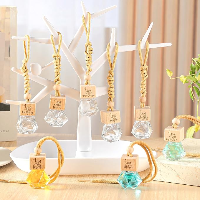 Funnymoom 20 Pcs Employee Appreciation Gifts Bulk Empty Car Diffuser Air Freshener Ornament Hanging Glass Essential Oil Bottle Thank You Gift for Staff Teacher Students Nutritionist