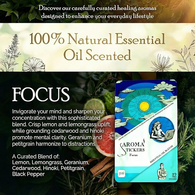 AROMA STICKERS® Original Blend Focus - 100% Natural Essential Oil Scented Sticker Diffuser - Aromatherapy for Personal Space - Face Mask & Pillow - (Pack of 3, 36 Stickers Total)