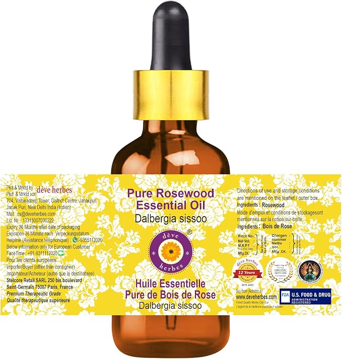 Deve Herbes Pure Rosewood Essential Oil (Dalbergia Sissoo) with Glass Dropper Steam Distilled 5ml (0.16 oz)