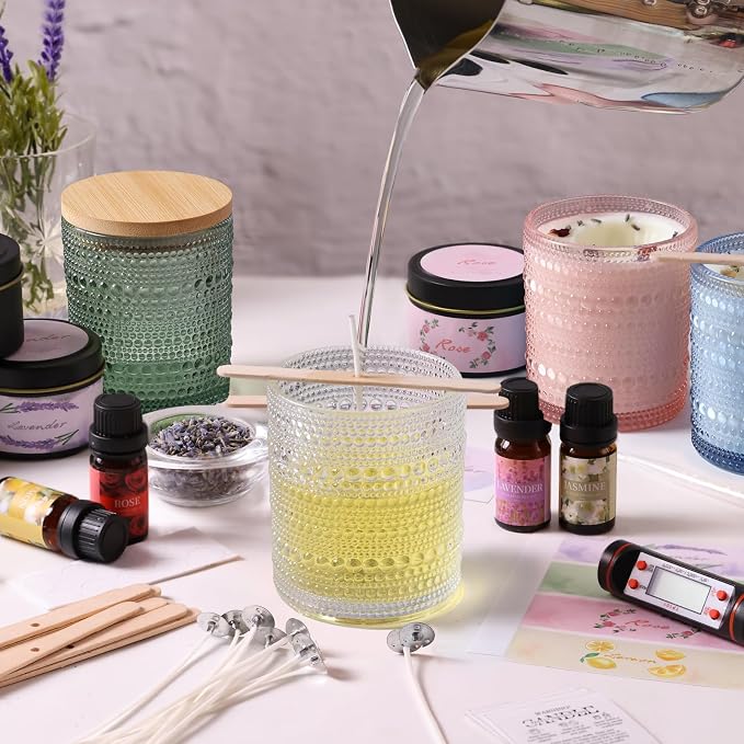 DARJEN Candle Making Kits for Adults - Candle Making Supplies with 4 Candle Jars(Clear, Pink, Blue, Green), Candle Tins, Soy Wax, Scents, Dried Flower & More, DIY Starter Candle Making Kit Home Decor