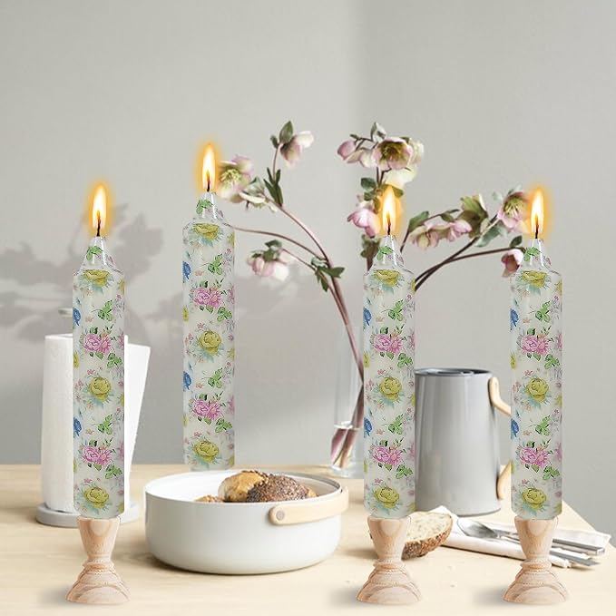 7 inch Short Candle Floral Candle Sticks Printed Candlestick Handmade Unscented Taper Candle 4 pcs Blue Flower Tapered Candles for Home Dinner Wedding Holiday